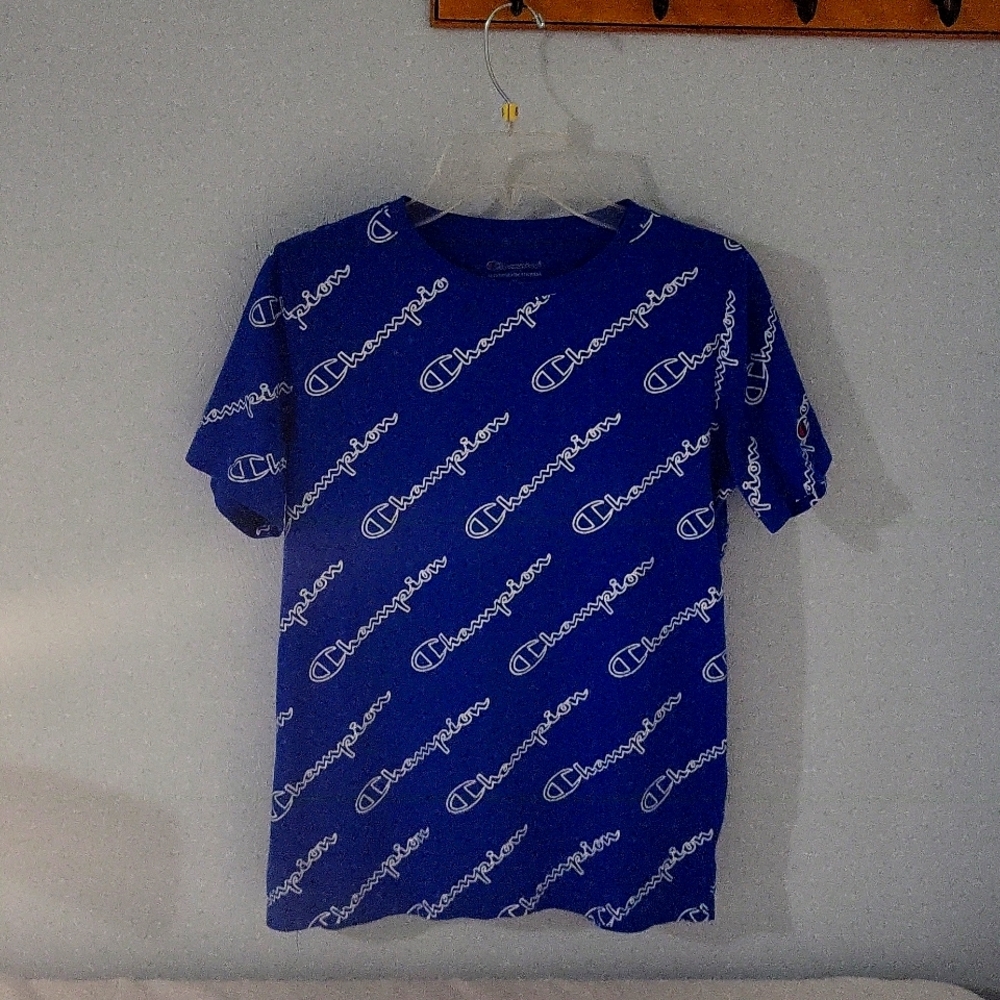 The brand Champion used t-shirt, color is blue and white